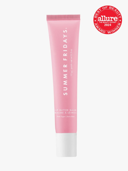 Summer Fridays Lip Butter Balm branded tube component in pink with white cap and white accents on a light gray background with red Allure Best of Beauty seal in the top right corner
