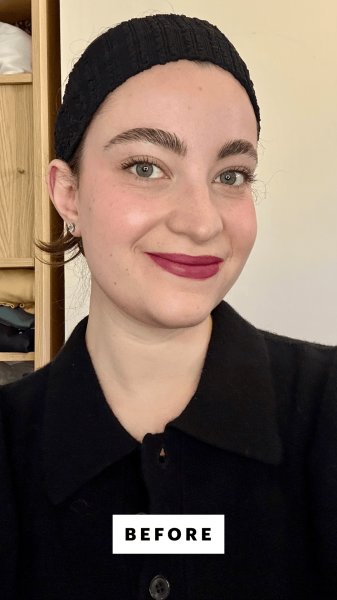 A selfie of Allure senior commerce editor Sarah Felbin before applying the Laura Mercier Caviar Stick Eye Shadow